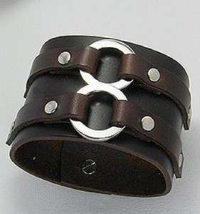 BROWN LEATHER SILVER METAL WRISTBAND CUFF BRACELET  