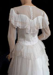 Vtg 30s Lace Satin Sheer Wedding Dress Long Train S M  