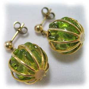   Round Gold Cage Jade Stones Caged Dangling Stud Earrings Jewelry Set