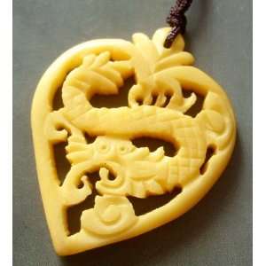  Ox Bone Carved Mythical Celestial Dragon Heart Amulet 