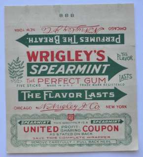 1920s Vintage Wrigleys Spearmint Chewing Gum Wrapper with United 