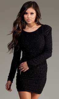   long sleeve mini dress with glitter fabric finish and scoop neck
