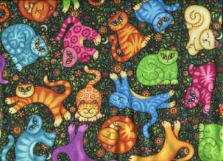 SEW CATTY COLORFUL CATS ON BLACK Cotton Quilt Fabric  