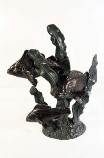 13.5 Black Cast Iron Fish Swimming Trio Statue Sculpture  