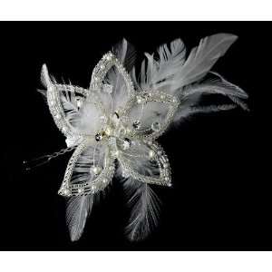   Plated Flower & Ivory Feather Fascinator Hair Pin   HP 8396: Beauty