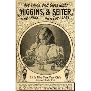 1898 Ad Higgins Seiter Fine China Cut Glass Tea Party   Original Print 