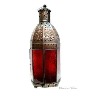   Huge Bronze Ruby Red Glass Moroccan Lantern Lamp