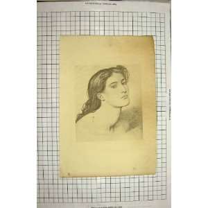  ANTIQUE DRAWING SKETCH PORTRAIT BEAUTIFUL GIRL LADY