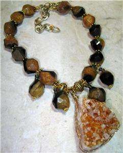 GORGEOUS AGATE AND DRUZY CITRINE ROUGH PENDANT NECKLACE MEASURES 16 