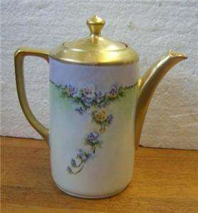 Antique hand painted German china coffee pot Pansies , Gold trim 
