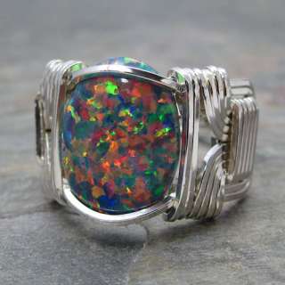 Orange Blue Fire Man Made Opal Cabochon Sterling Silver Wire Wrap Ring 