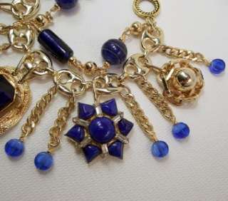 Cobalt Blue Fringe Rhinestone Charm Bracelet Vtg Poured Glass Earrings 