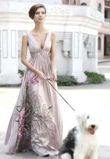 175 Size Purple Pink A Line Deep V neck Floor Full Length Prom Dress 
