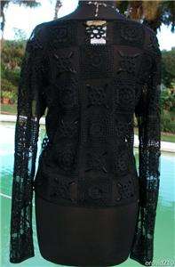 Cache ~$178 ~SHEER~ HAND BEADED & CROCHET~ ILLUSSION LACE MESH~ Top 