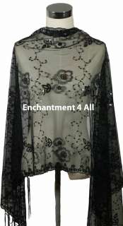 Elegant Lace Scarf Shawl Wrap w/ Sequin Floral Pattern & Crochet 