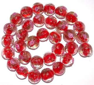 12MM RED LAMPWORK GLASS GOLD FOIL ROUND 33 LOOSE BEADS  
