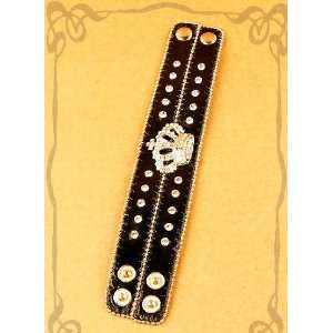  Bling Crown Black Leather Wristband Snap Bracelet 