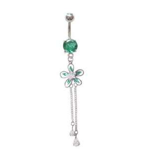   Cz Cute Flower w/ 2 long gem Dangle Belly button Navel Ring 14 gauge