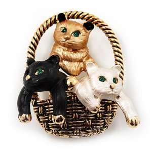  Cute Kittens In The Basket Brooch In Gold Plated Metal 