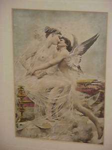 ANTIQUE VICTORIAN SIGNED PRINT CUPID PSYCHE THE KISS  