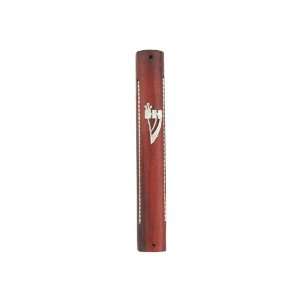   10cm Wood Mezuzah with Shin and Bands in Dark Brown 
