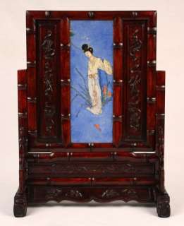   PORCELAIN TILE GODDESS IN HAND CARVED ROSEWOOD TABLE SCREEN  