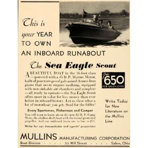  1933 Ad Mullins Manufacturing Motor Boat Sea Eagle Trip 
