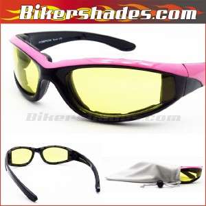 WOMEN Black motorcycle yellow lens day night riding glasses sunglasses 