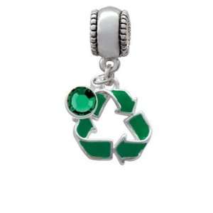 Green Enamel Recycle Symbol European Charm Bead Hanger with Emerald 