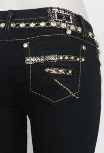 LA Idol Skinny Jeans w Animal Fabric Under Rips w Jewels & Belt sz 0 