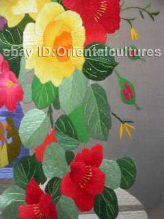 Brocade mounted Su Silk Hand embroidery ArtVase flower  