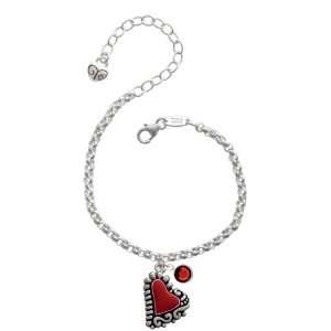 Red Enamel Leaning Heart with Fancy Border Silver Plated Brass Charm 