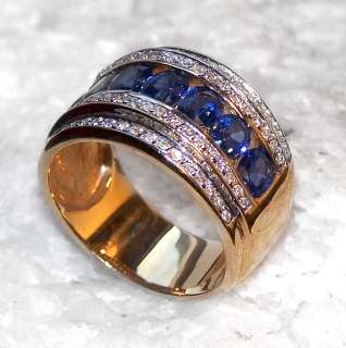  Rich Medium Blue Sapphires & Wide White Diamonds 14 Kt Band  