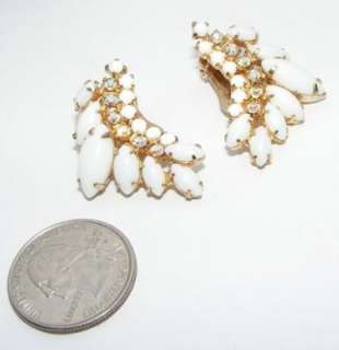   Milk glass & ab rhinestone Clip on EARRINGS set costume jewelry
