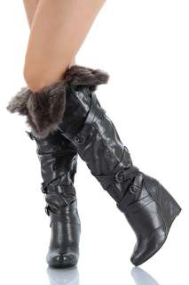 Breckelle Sexy Fur Cuff Knee High Wedge Boot Rexy 12 GY  
