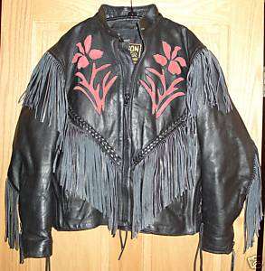 Hudson Leather Biker FRINGE w/ Roses Jacket Womens Sz L  