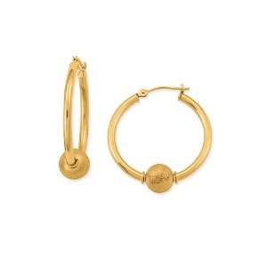 Fancy 14k Gold Hoop Earrings with Large Satin 6mm Ball Bead, Medium (M 