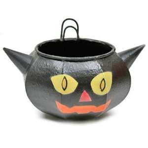  Set of 6 Halloween Black Cat Painted Tin Cauldrons By Mary 