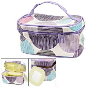  Round Shape Striped Pattern Faux Leather Cosmetic Bag 