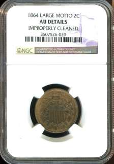1864 NGC AU DETAILS IMPROPERLY CLEANED LARGE MOTTO TWO CENT PIECE 2C 