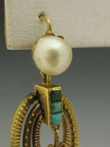   VICTORIAN 18K YELLOW GOLD PEARL & TURQUOISE EGYPTIAN REVIVAL EARRINGS
