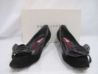 Marc Jacobs Black Velvet Patent Leather Flower Toe Kitten Heels 37 