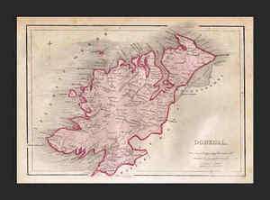 DONEGAL County, Ireland    c. 1860 HANDCOLORED Map  