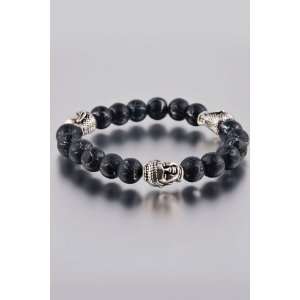   Sun Silver Plated Black 8mm Round Bracelet with 3 Silver Buddha Insets