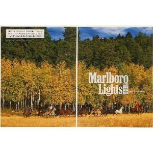1999 Marlboro Lights Cigarette Cowboys on Horses Outside Forest 2 Page 