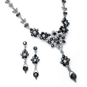    Mariell ~ Jet Crystal Cluster Necklace Set with Drop Jewelry