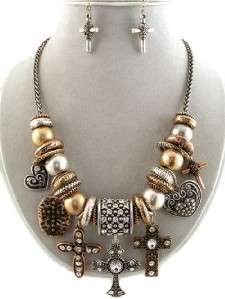 Antique 3 Tone Charm Cross & Heart Necklace Earring Set  
