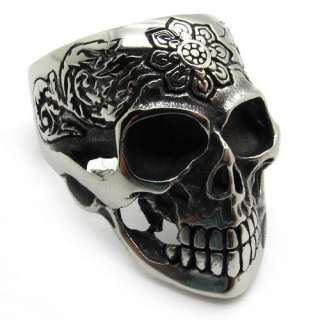 Mens PUNK gothic silver stainless steel skull flower carve party 
