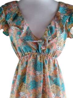 70s Style PEACH FLORAL BOHO Flutter Slv Tie Back Sun Dress  