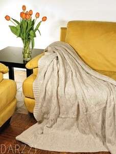   Luxurious Beige Tan Cable Knit Lambswool Woven Throw Blanket Afghan